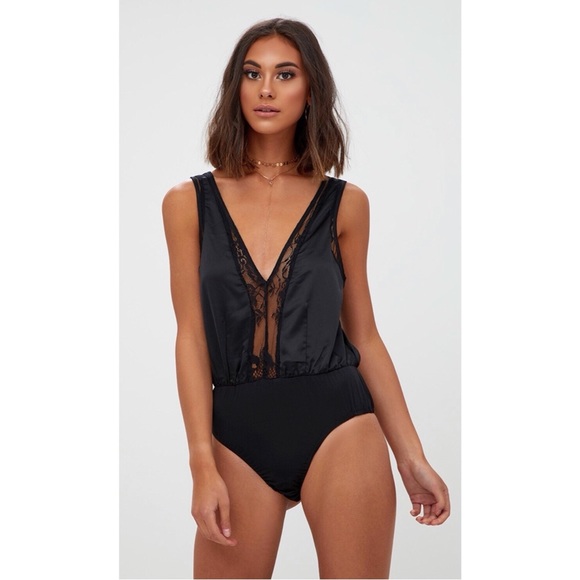 NWT Pretty Little Things Black Lace Insert Plunge Thong Bodysuit, 0 - Picture 10 of 11
